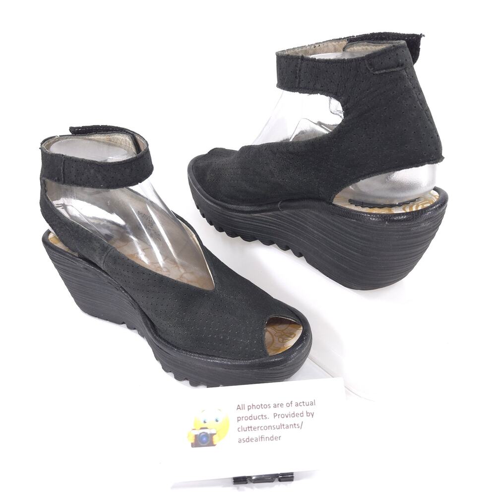 Fly London Casual Suede Wedge Sandal Womens Size 7.5 38 P500376028 Black - Picture 4 of 9
